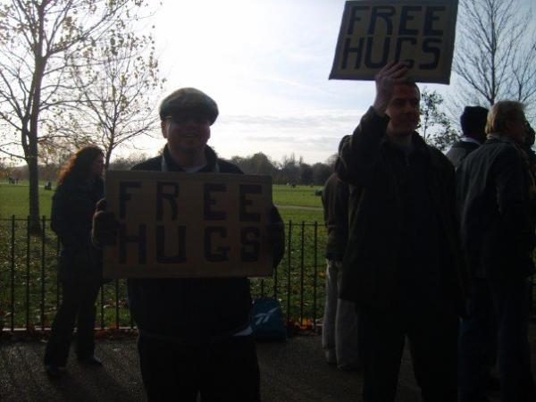 Free hugs at Speakers' Corner.