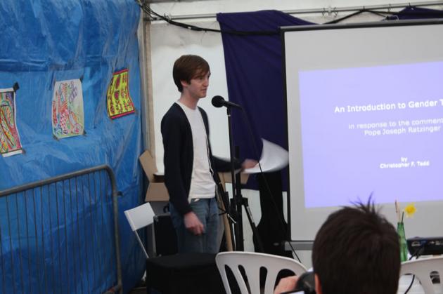 Chris Tedd delivers his talk on gender and religion.
