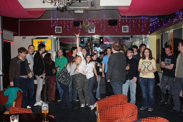 Everyone gets up to sing at the karaoke social following our 2009/2010 intro meeting.