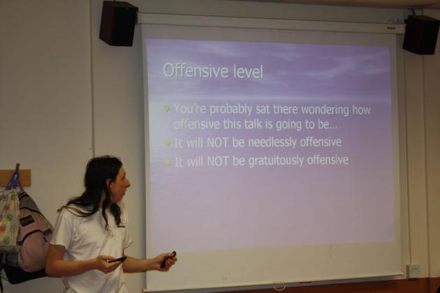Chris explains the level of offense people can expect to find within the talk.
