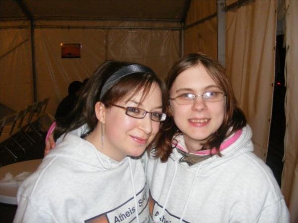 Sarann and Liz proudly show off their hoodies.