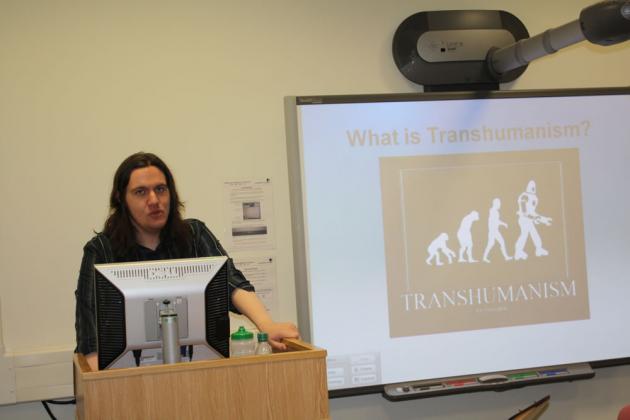 Michael delivers his talk on Transhumanism.