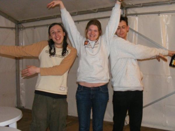 Chris, Nicola and Moz form the A-Soc tree with their body parts.