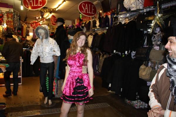 Nicola trying on a possible Wendy House outfit.