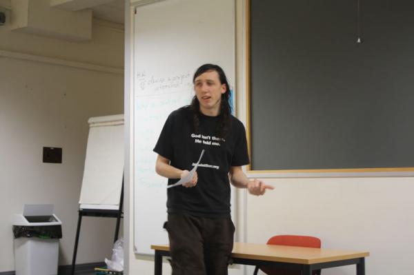 Chris delivers his speech.